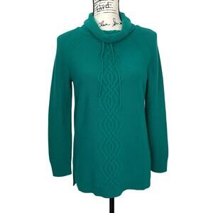 Talbots Wool Blend Sweater Cable Knit Funnel Neck Teal Pullover Sz M Fisherman